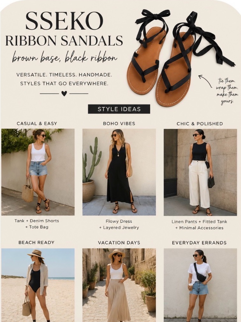 Sseko Black Ribbon Wrap Sandals on Brown Base